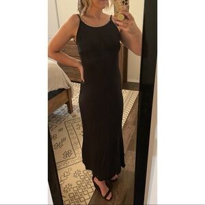 VINTAGE JESSSICA MCCLINTOCK SPAGHETTI STRAP RHINESTONE NECKLINE BLACK MIDI DRESS